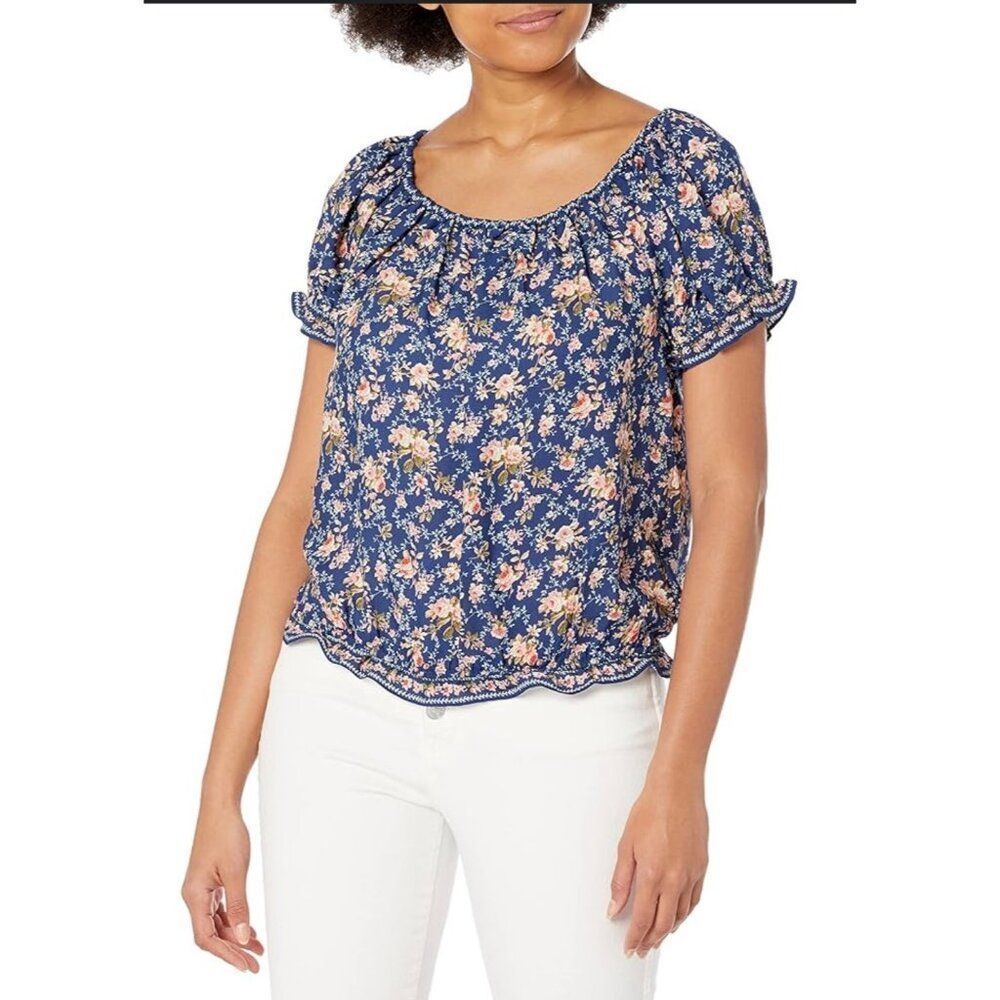 Max Studio Women Blue Floral Print Flutter Sleeve Top Size S